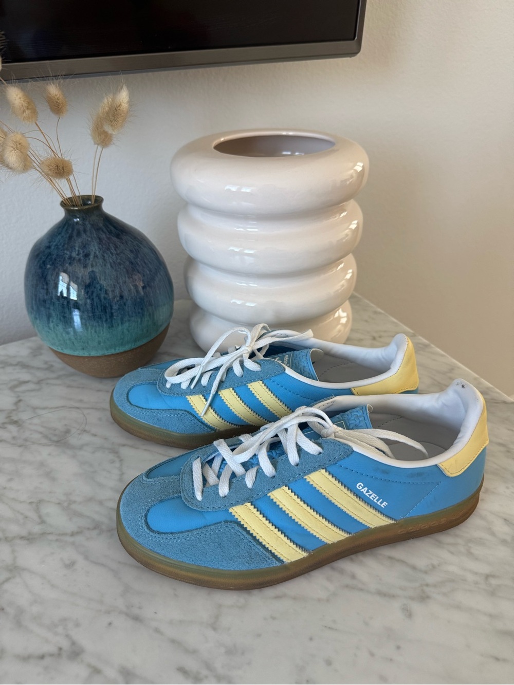 adidas Gazelle Sneakers in Light Blue & Pale Yellow